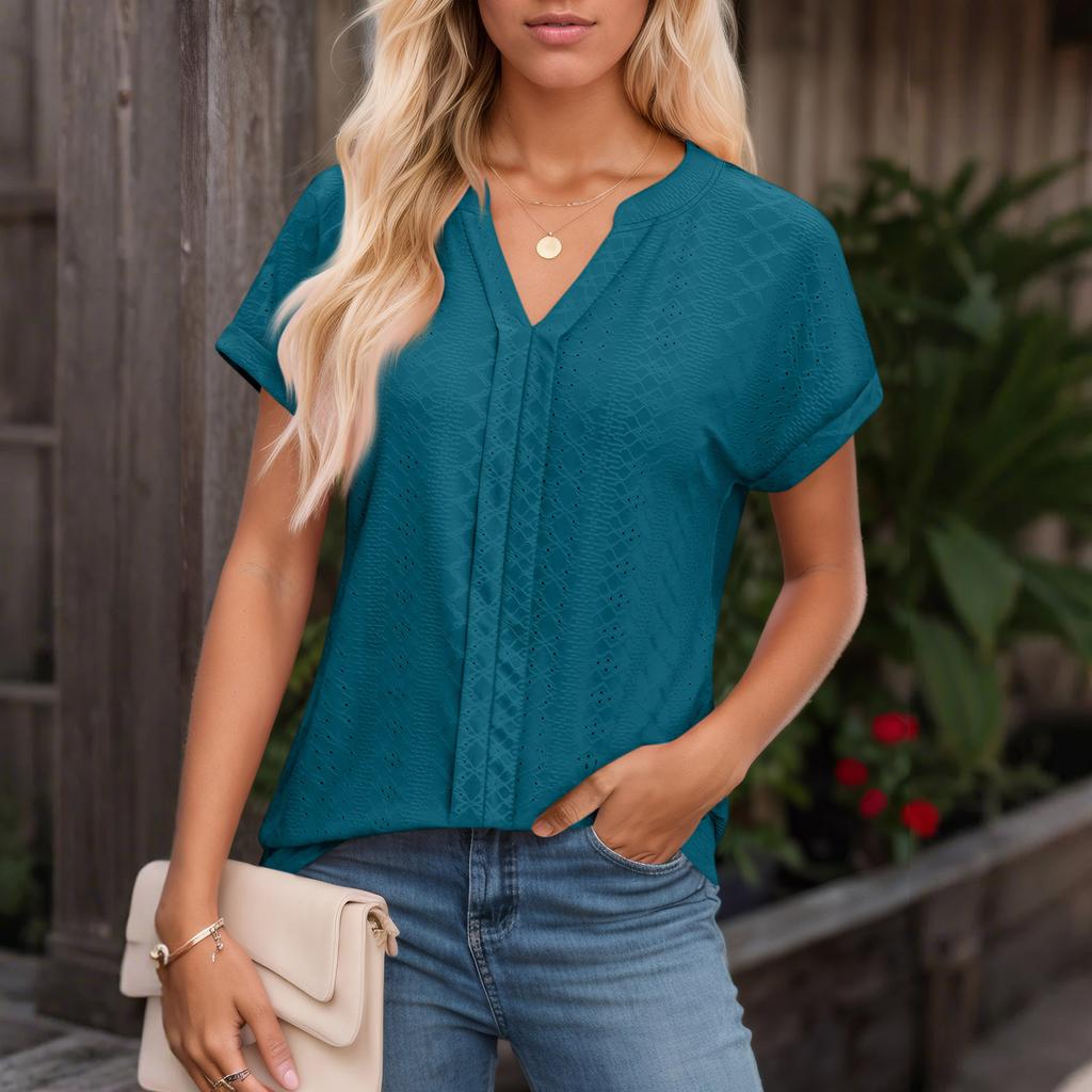 Womens Tops Short Sleeve V T-Shirt Blouse Dressy Causal Eyelet Embroidery Summer Fashion Clothes