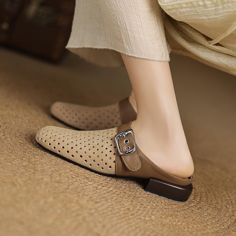 Fashion 2025 New Fashion Cow Suede Mueller Slippers Woman Low Heel Soft Bottom Casual Shoes Breathable Mesh Shoes Woman Fashion Shoes