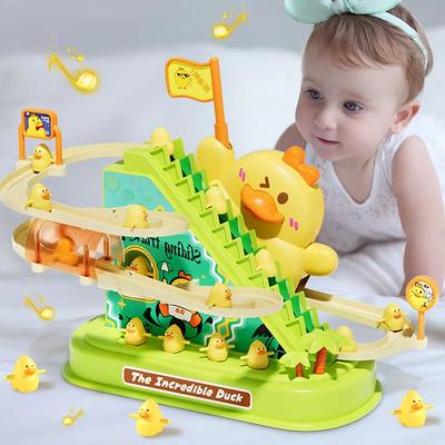 Dětská elektrická kachnička lezoucí po schodech Hračky Zvukové Světlo Malá Žlutá Kachnička Rotující Skluzavka Dráha Dětská Puzzle Hračka Dárek