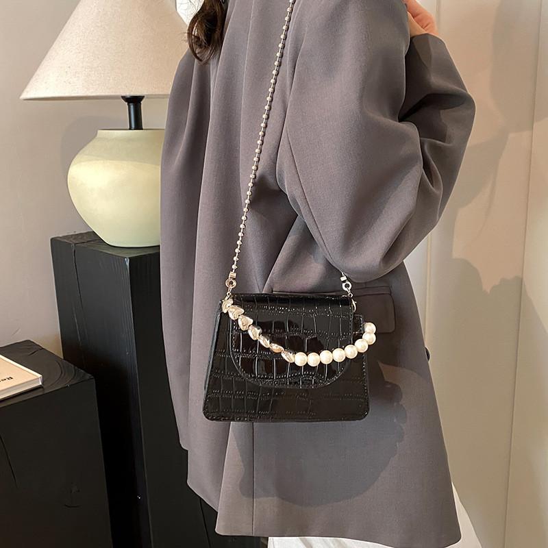Pearl Simulated Fashion Decoration Crocodile Pattern Women Casual Square Bag