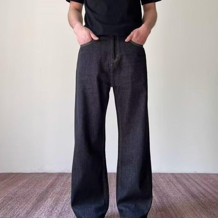 American casual simple minimalist versatile solid color jeans men's loose straight wide legs mopping long pants men's clothing