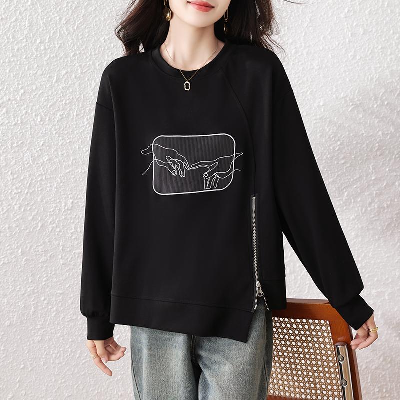 DIMANAF 2025 Autumn Plus Size Women Hoodies Shirts Tees Black Long Sleeve T-shirt Loose Casual Tops