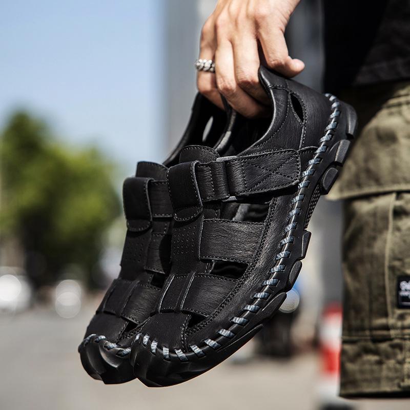 Men's Outdoor Genuine Leather Sandals: Breathable, Hollow, Casual Beach Shoes, Large Sizes Available.