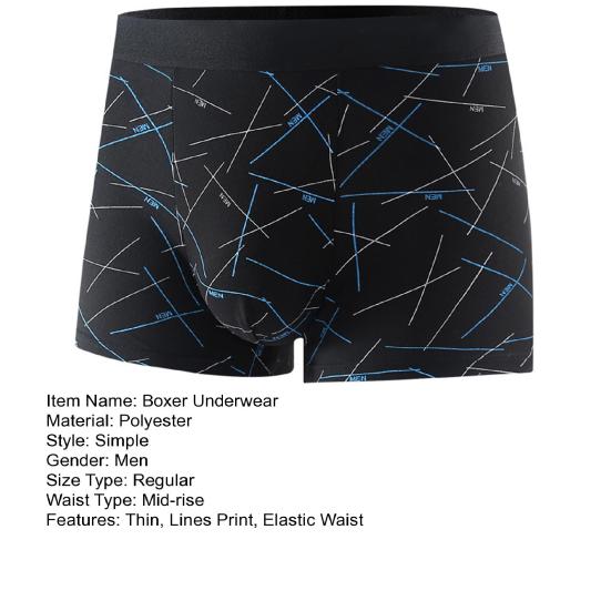 Men Boxer Underwear Elastic Mid-Waist Design Tight Cut Shorts Briefs Lines Print U-Convex Panties