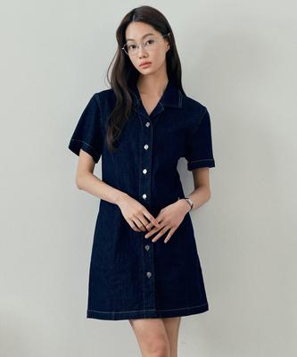 Mind Bridge Woman [W] Shirt-Style Collar Low Indigo Denim Dress