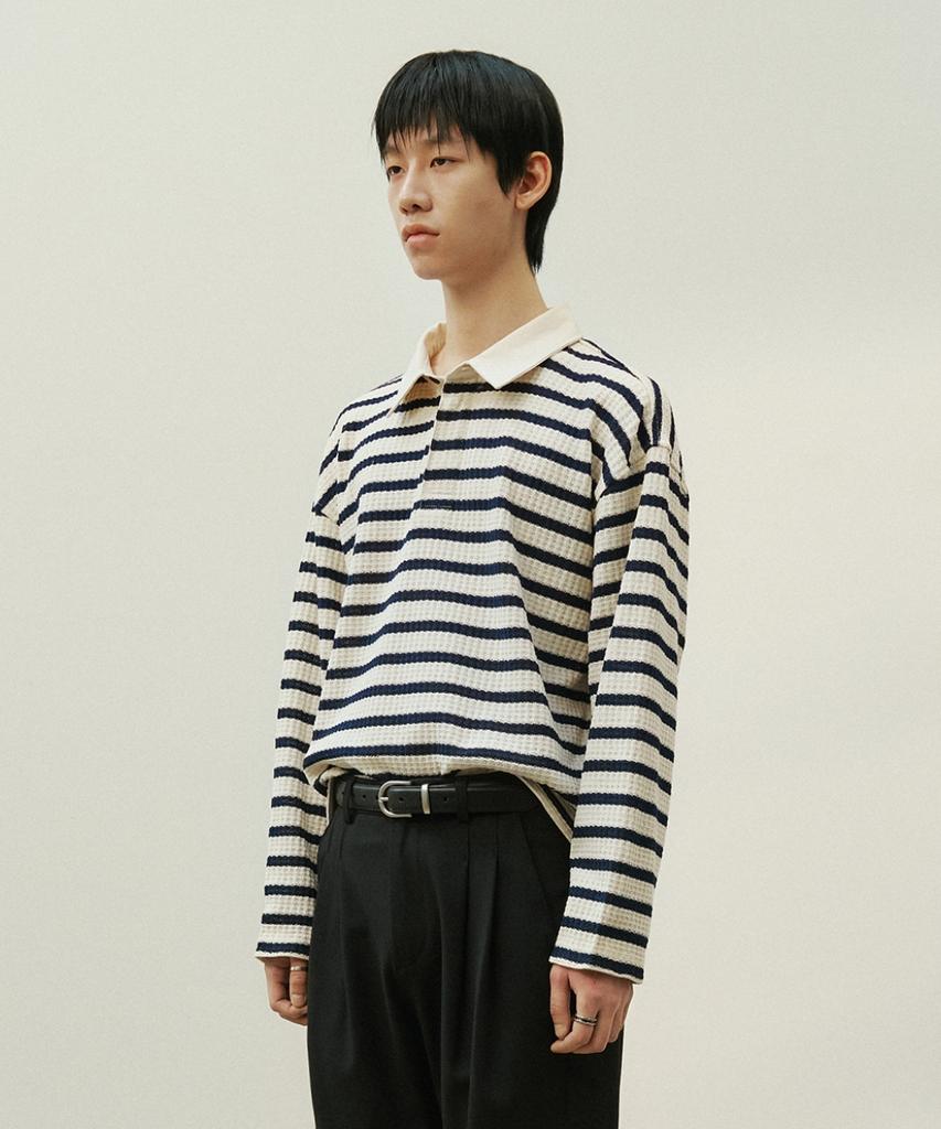 MINAV Striped Knit Collared T-Shirt [Navy]