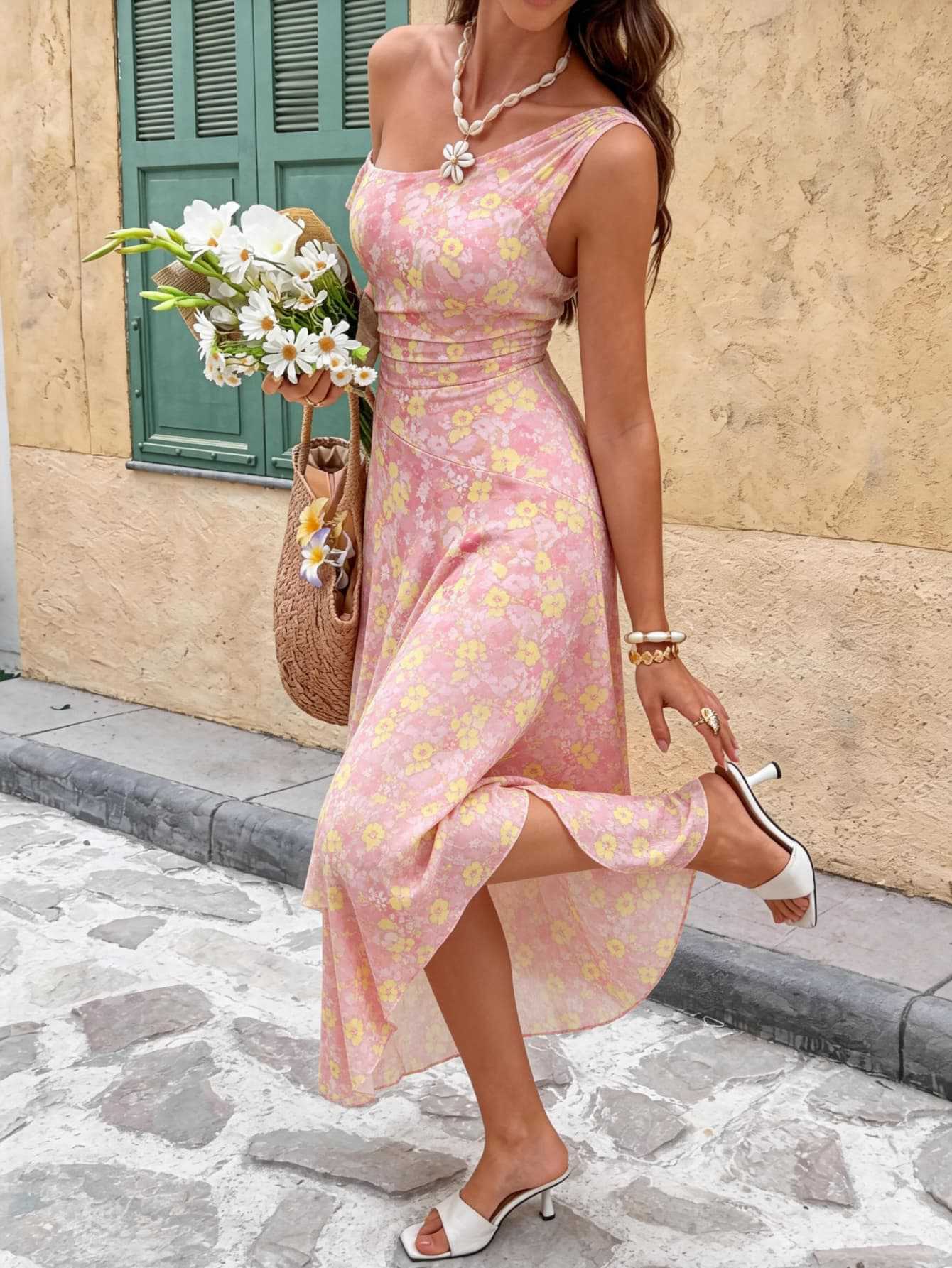 

New French pink floral dress for women s summer waist and thin temperament long holiday style elegant dress L розовый