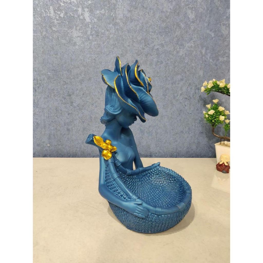 Lady with Basket Showpiece for Home Decor Showpiece & Office Decor Showpiece (11.5" Inch Size, Blue)