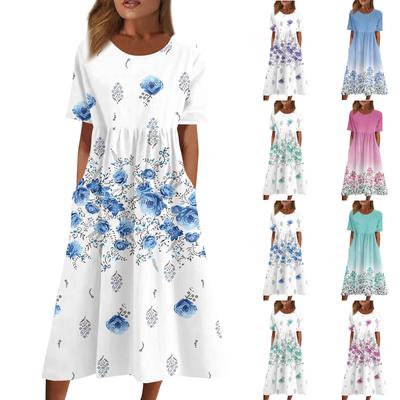 Women's Casual Dresses Printed Dresses Summer Dresses Printed Pleated O-Neck  Loose Dresses