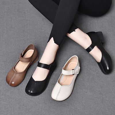 Loafers Women's 2025 Spring New Low-heeled One-word Mary Jane Shoes First-layer Cowhide Korean Version Shallow-mouth Flats