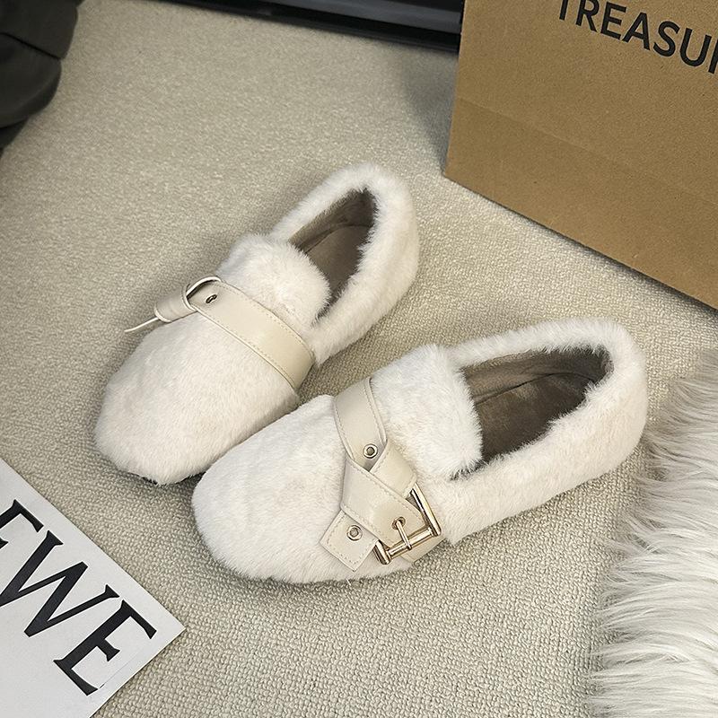 Inner Height Increase Warm Fairy Thick-soled Plush Shoes Female Autumn and Winter Wear a Pedal Internet Celebrity Mink Bean Cotton Shoes