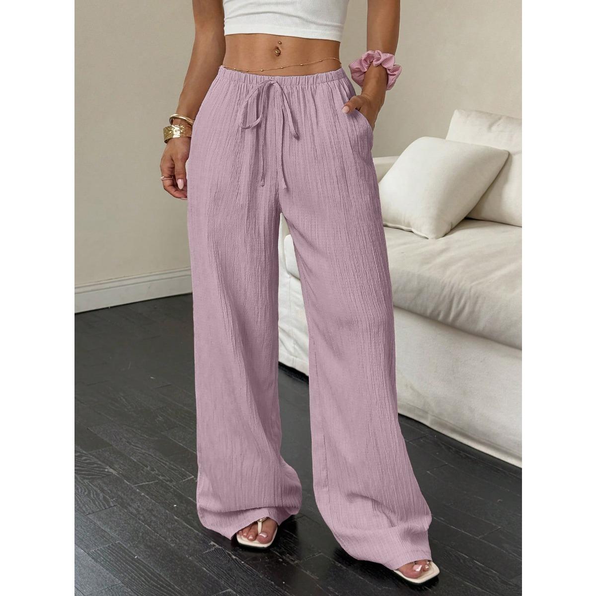 

Women s Casual Solid Color Textured Fabric Knotted Waist Slanted Pocket Wide Leg Pants XXL рожевий