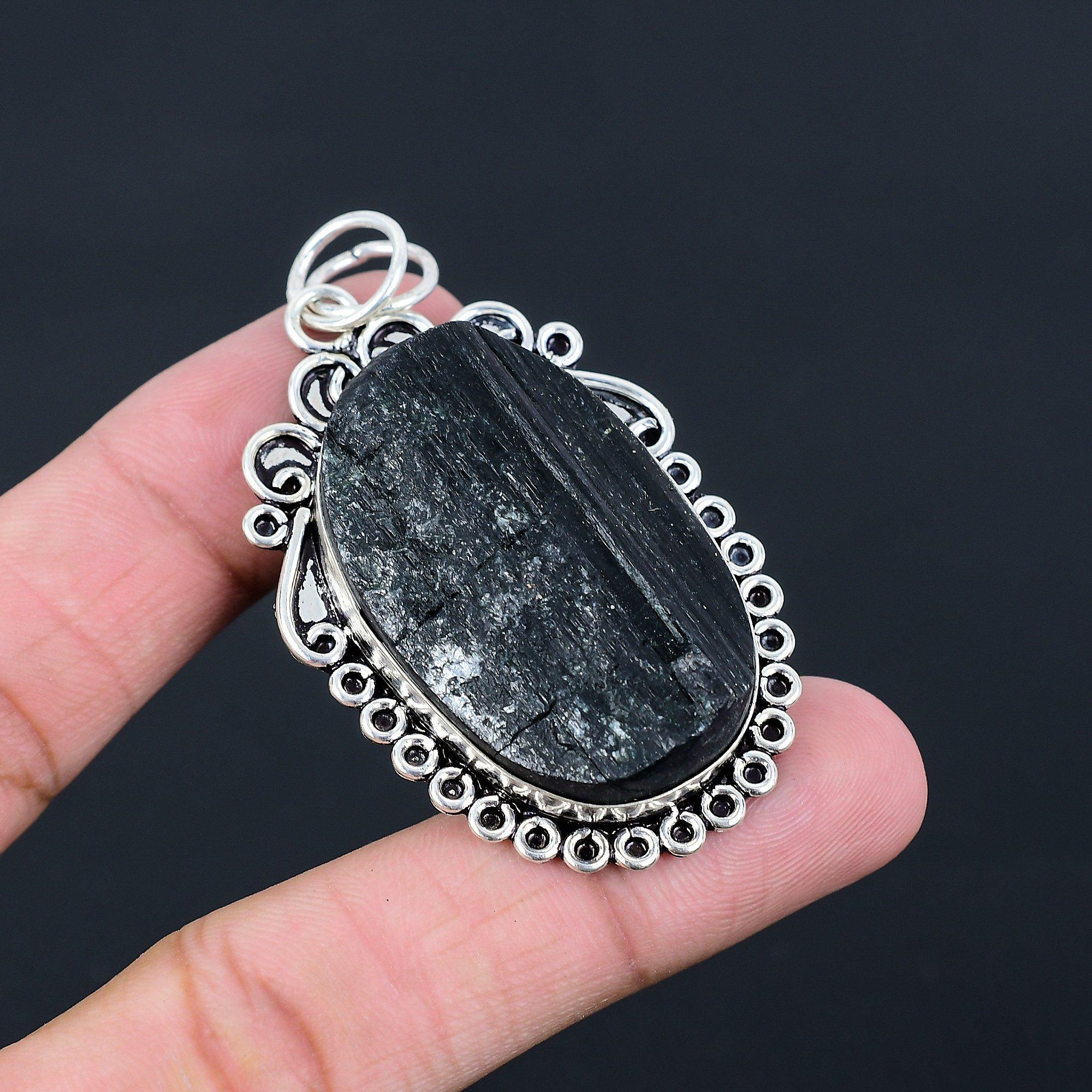 

Natural Black Tourmaline Rough Gemstone 925 Sterling Silver Pendant For Women