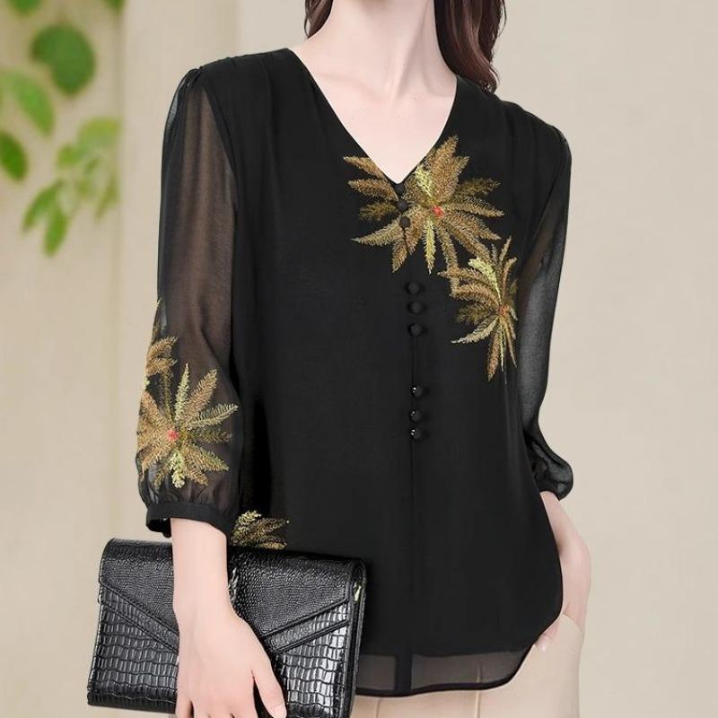 Chic Embroidered Spring Summer Loose Tops Fashionable Casual V-neck Design Shirts for Women