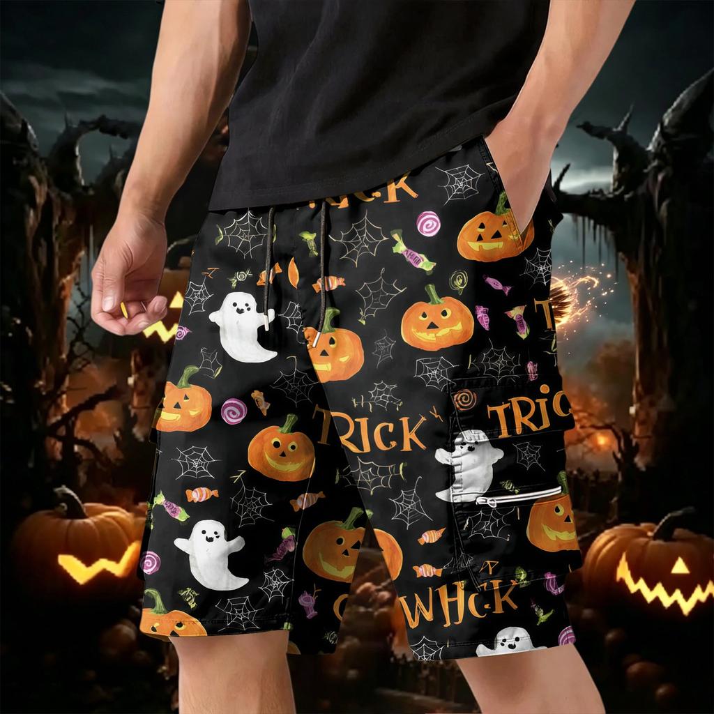 Men's Halloween Multi Pocket Cargo Shorts with Drawstring Waist Lightweight Breathable Casual Outdoor Shorts for Summer