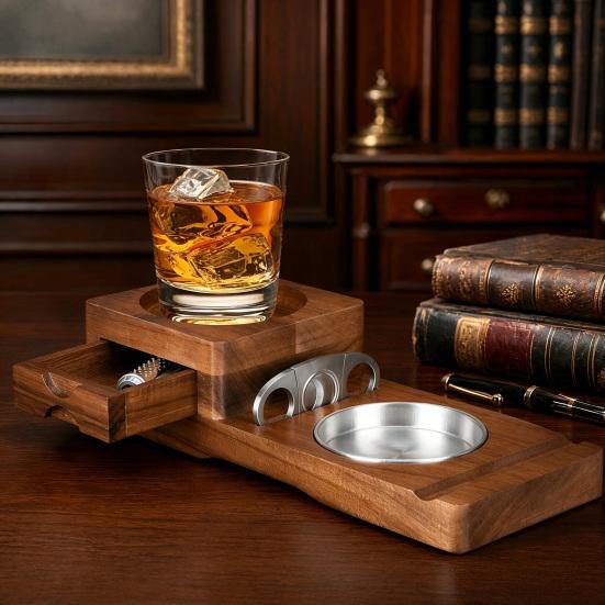 huaqianguhh Wooden Ashtray with Whiskey Glass Holder & Drawer, Natural Wood Ash Tray for Indoor Outdoor, Heat Resistant Holder, Birthday Gifts Men