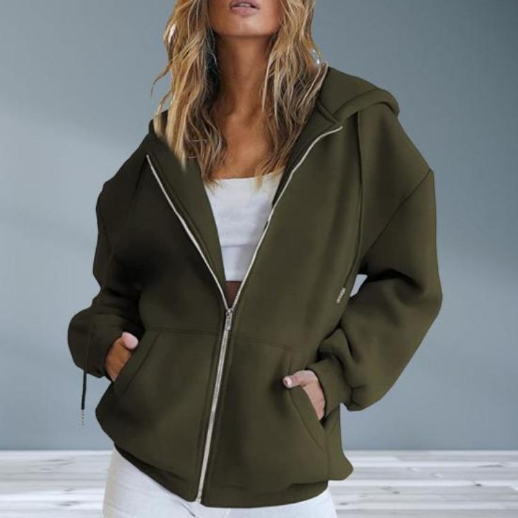 Hoodie Women Long Sleeves Zipper Casual Outerwear Solid Color Warm Cardigan Autumn Winter Drawstring Loose