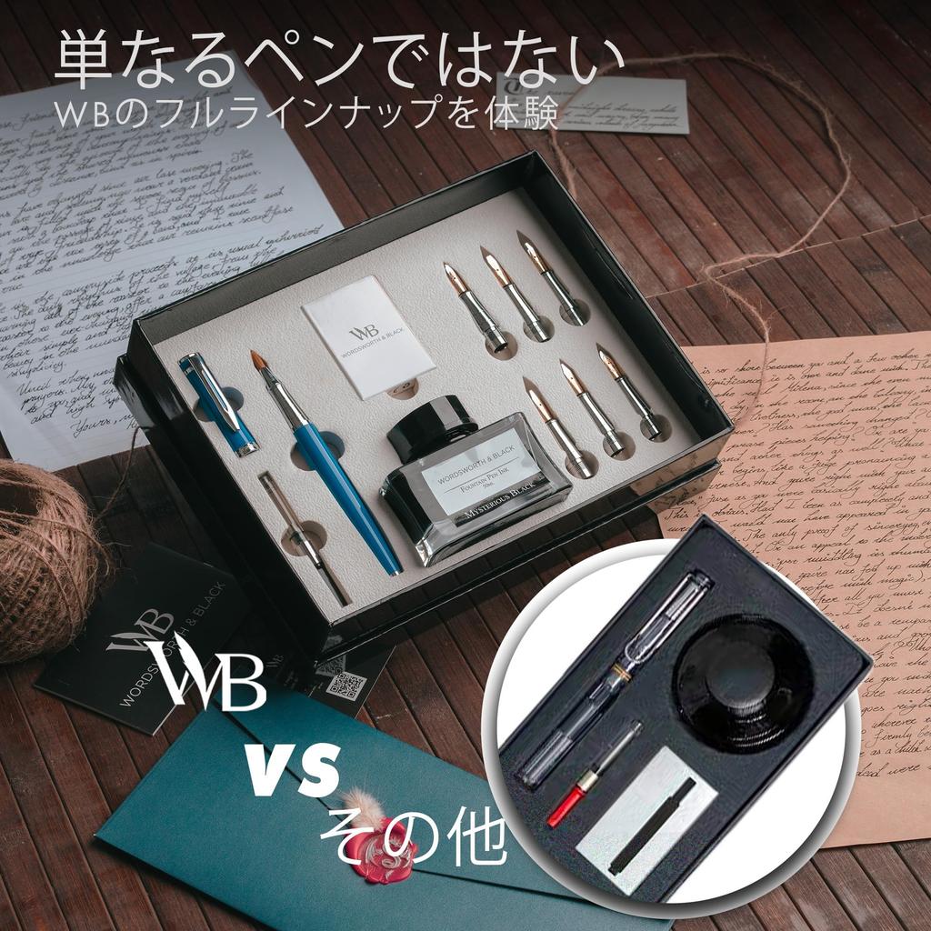 Wordsworth Schwarzer Kalligraphiestift, Geschenktinte, 6 Tinten, Tintennachfüllungen, 6 Ersatztinten, Premium-Stift mit glattem Schreibgefühl, Set, Flasche, Patronen, Konverter, Federn,