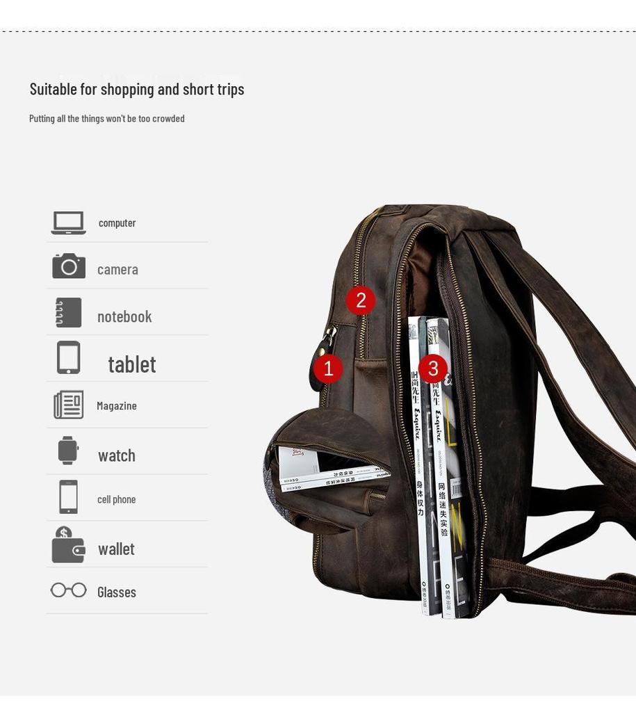 Crazy Horse Leather 14-Inch Retro Men's Backpack Laptop Bag