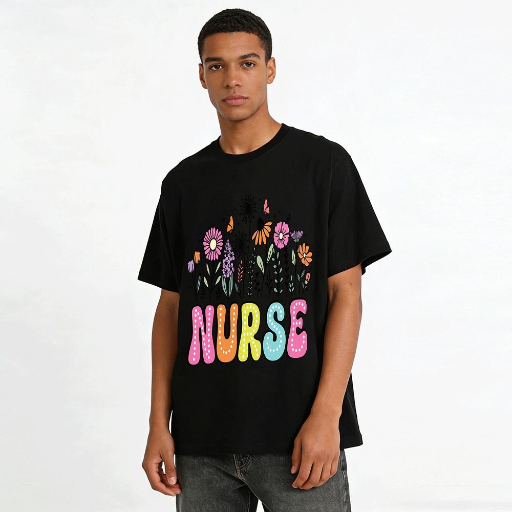 Floral Print Nurse Themed Casual Short Sleeve T-Shirt Pure cotton T-shirt