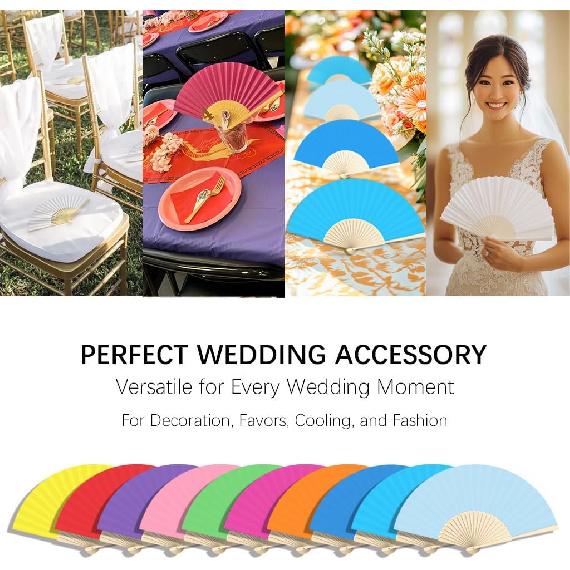 12 Pcs Paper Folding Hand Fan, 8.26 Inch Portable Small Handheld Wedding Fan Bulk for Wedding Guests, Party Favors, Bridal Baby Shower Decorations,