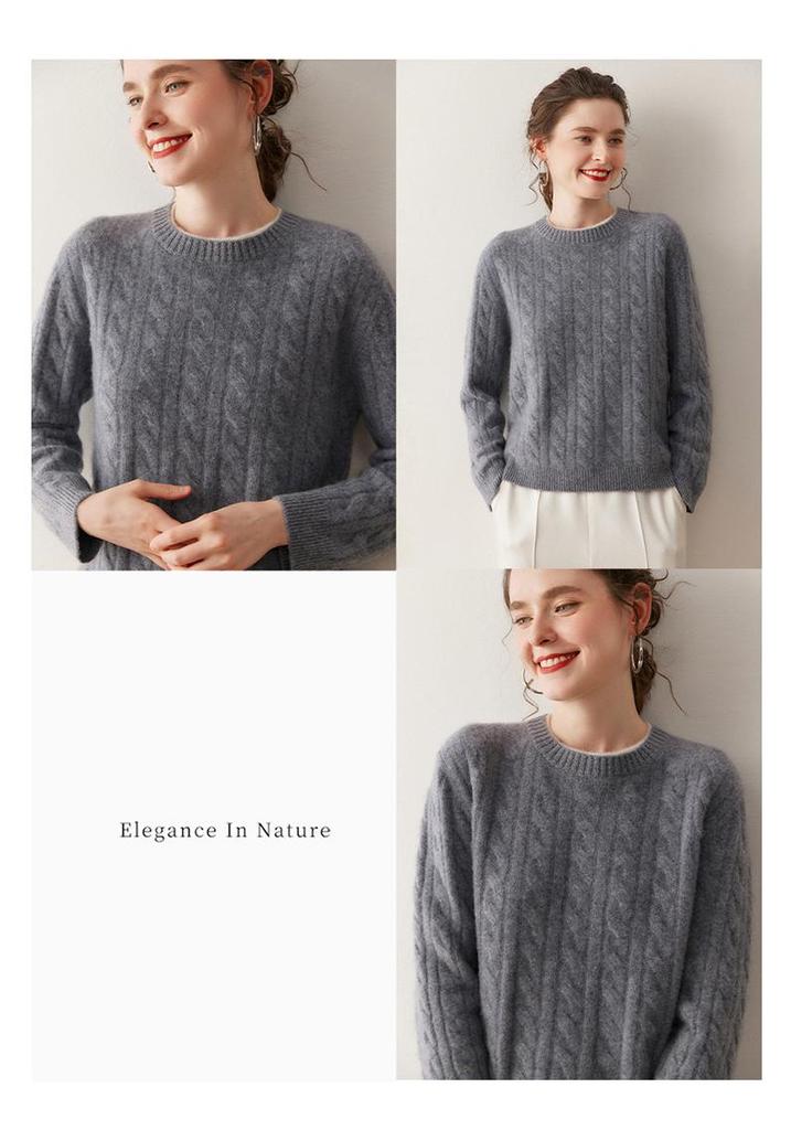 2025 A/W Cashmere Cable Knit Round Neck Sweater with White Trim