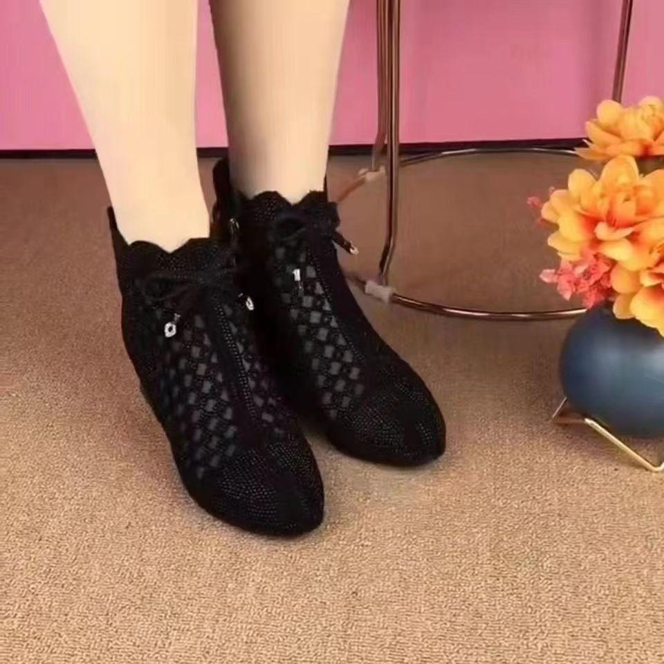 Spring and summer new women's shoes net boots thick heel cool boots rhinestone bow breathable zipper rhinestone fashion single sandals
