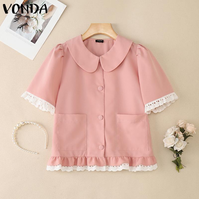 

VONDA Elegant Summer Women Lapel Short Sleeve Lace Crochet Casual Cropped Blouse M