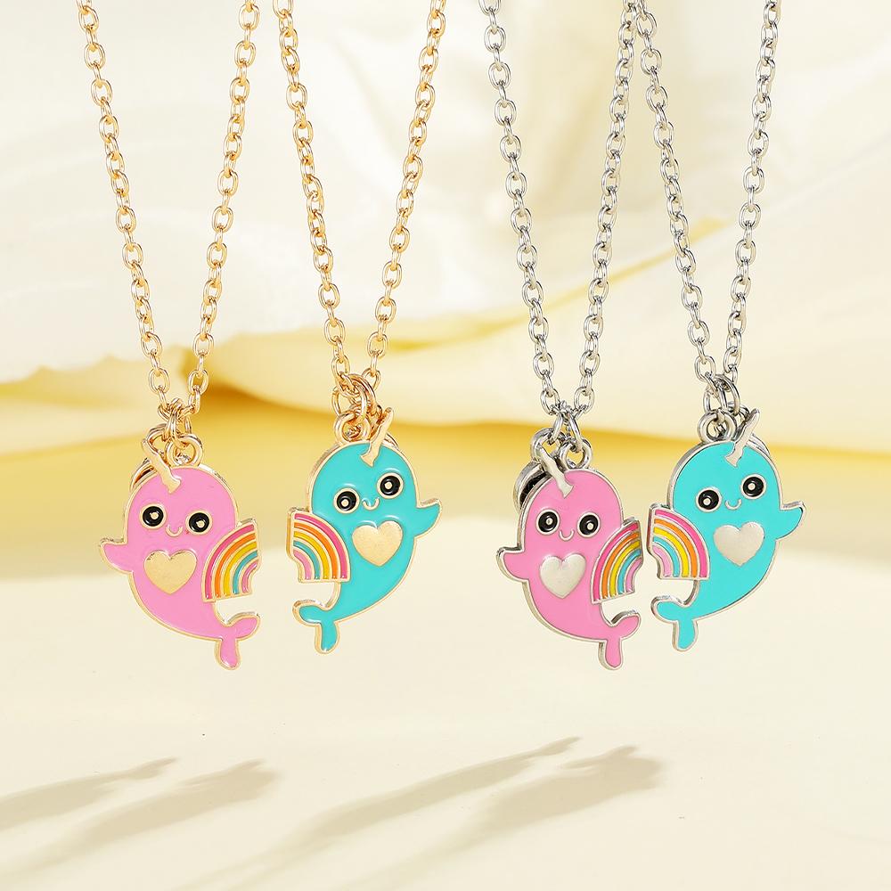 2Pcs/Set Cartoon BFF Round Charm Rainbow Dolphin Design Best Friends Necklace For Girls Frienship Gift
