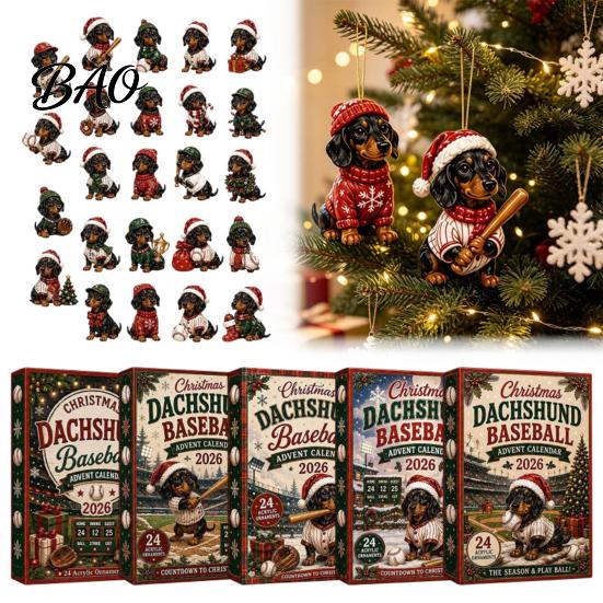 Acrylic Hanging Ornaments for Tree 2026 Dachshund Advent Calendar, 24 Days Baseball Dog Figures Lover Holiday Gifts Christmas Countdown Collectible
