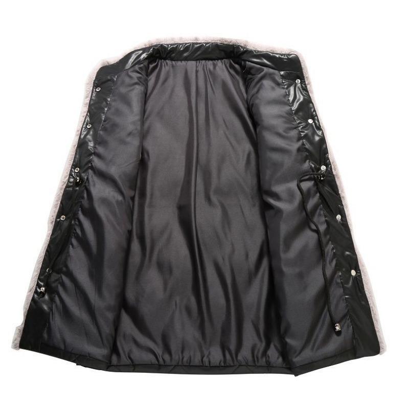 Women Winter Medium Long Stitching Leather Coat Stand-up Imitation Mink Fur Collar Cotton-Padded Jacket Temperament Warm Overcoat