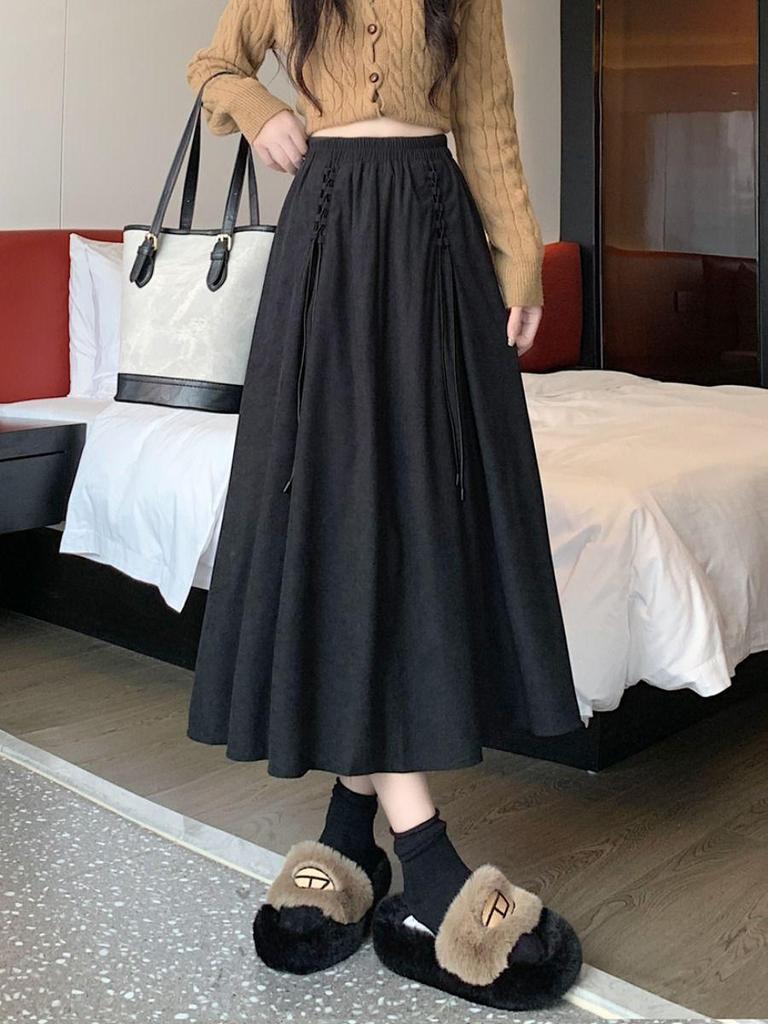 Women's High-Waist Corduroy A-Line Midi Skirt - Spring & Autumn 2025, Coffee Color