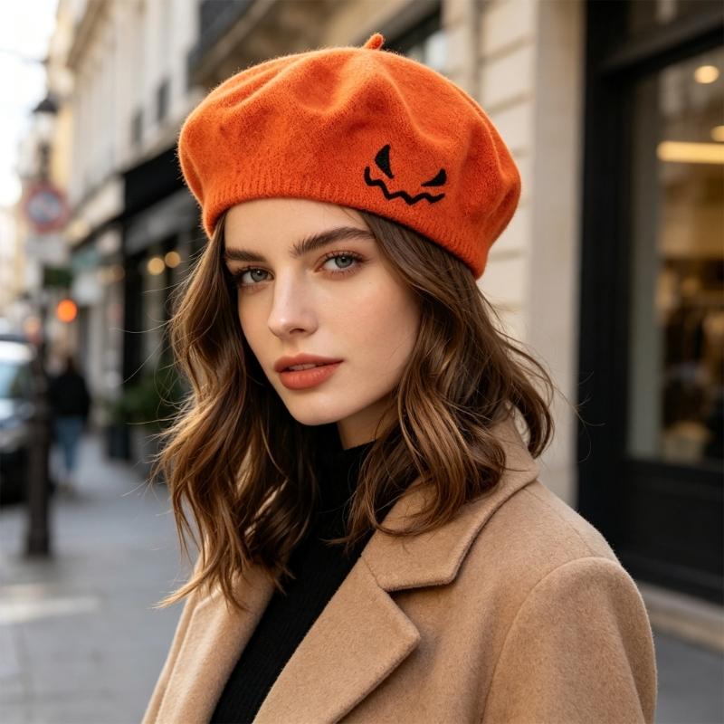 Embroidered Halloween Beret for Adults and Teens, Soft Fabric Hat for Party Dressing, Photos, and Fall Wear Style