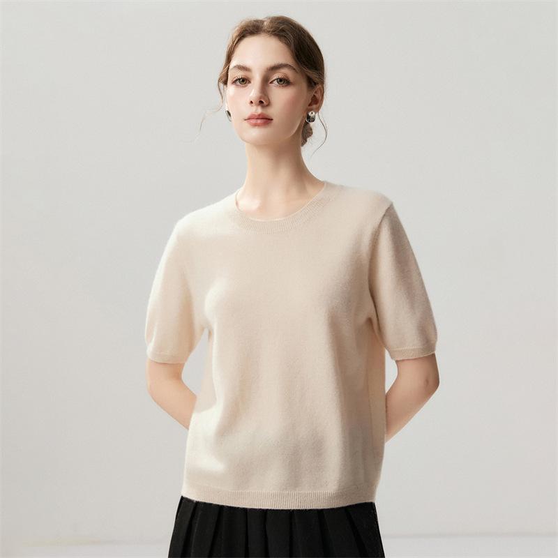 Top a strati da donna Lekasha in cashmere a maniche corte con scollo rotondo
