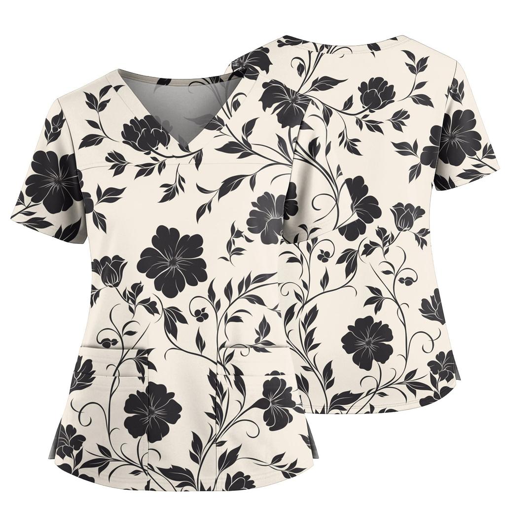 Women's Casual Printed V-Neck Pocket Side Slit Short Sleeved Top Short Sleeved Top