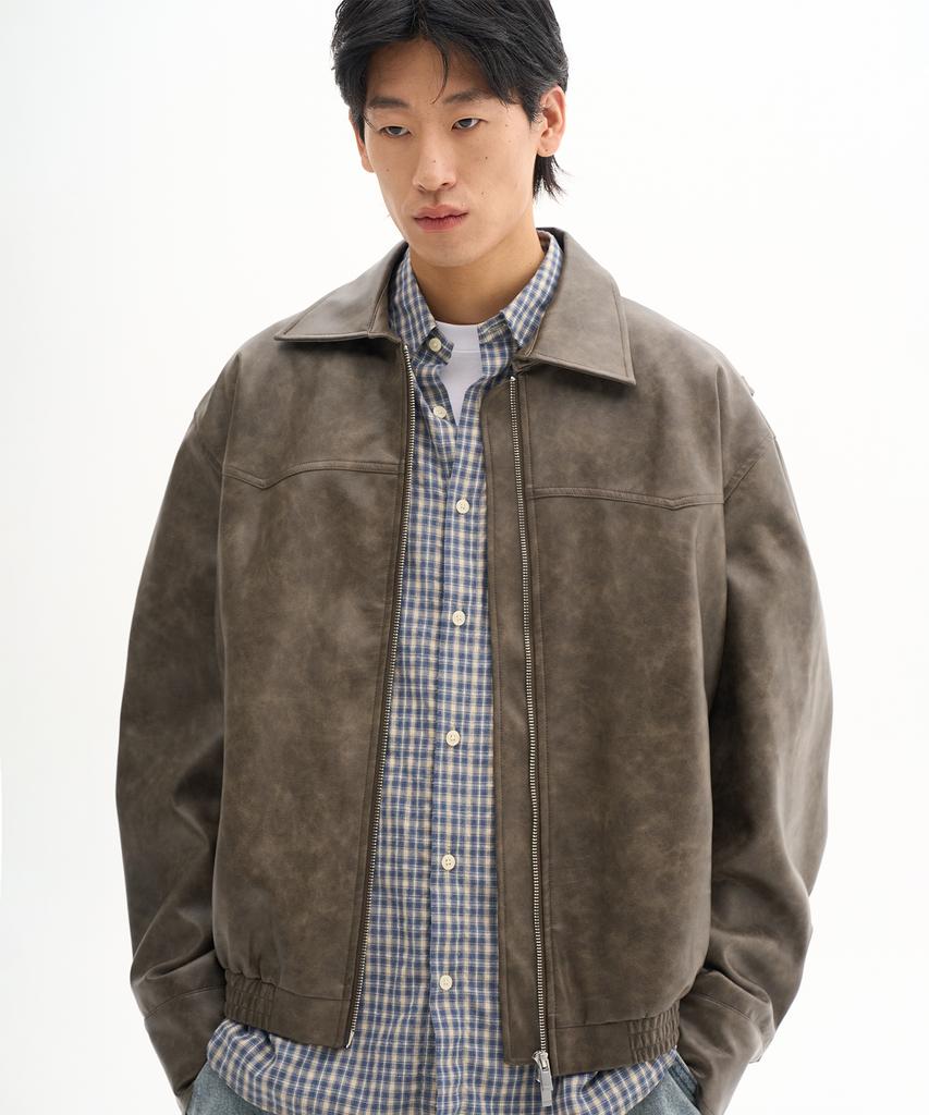 Placestudioman Crack Pigment Oversized Rivet Pocket Two-Way Leather Jacket [Brown]