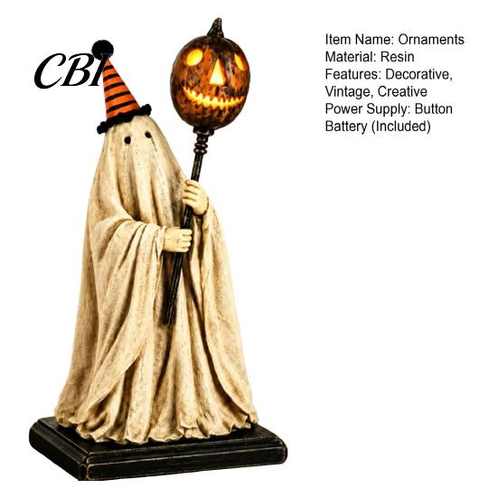 Decorazione Fantasma in Tessuto Shabby Statuetta Vintage con Scettro Zucca Luminoso, Ornamento di Halloween Luce LED Ambra Calda Luce, Resina Illuminata per Interni