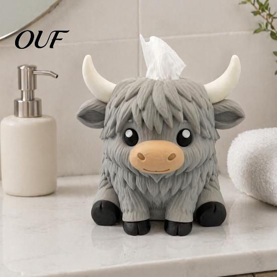 Modern Farmhouse Aesthetic Decor Simulated Highland Yak Tissue Box, Cute Decorative Paper Dispenser, Waterproof Bedroom Dresser Organizer Matte
