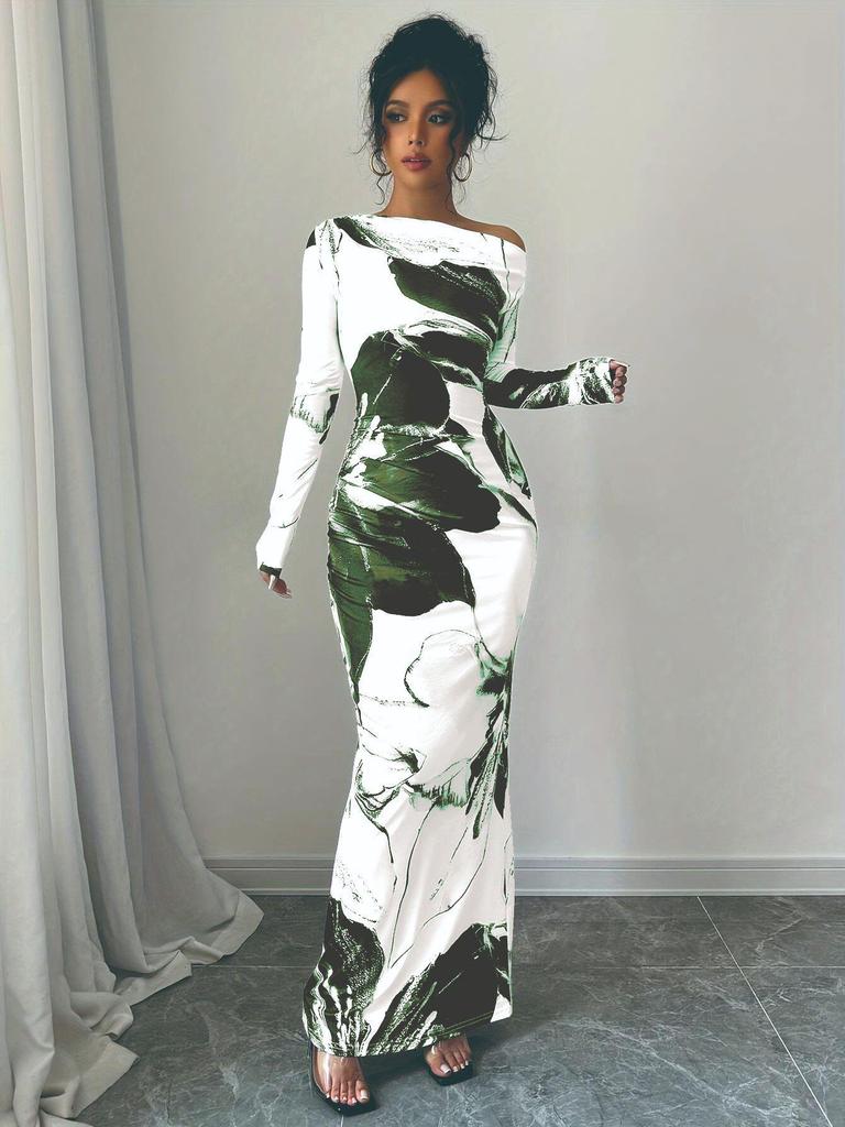 2026 One-Shoulder White Floral Slim-Fit Maxi Dress for Women