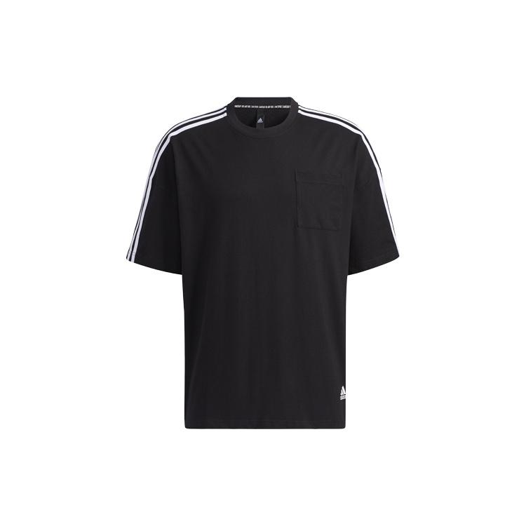 adidas M Mh Loose Tee Stripe Sports Round Neck Short Sleeve Black Men s GN0813 XL