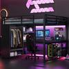 160x200 Metall-Spiel-Hochbett mit LED, Schreibtisch, offener Kleiderschrank und Staufächern, Schwarz
