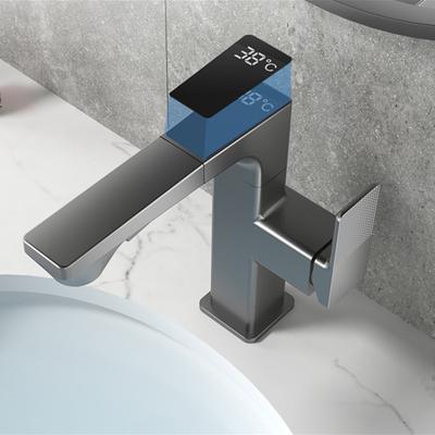 Gri Metalic Robinet Inteligent Afișaj LED Digital Temperatură Apă Fierbinte Rece Albă Extensibil Rotație Pivotant Chiuvetă Robinet Apă