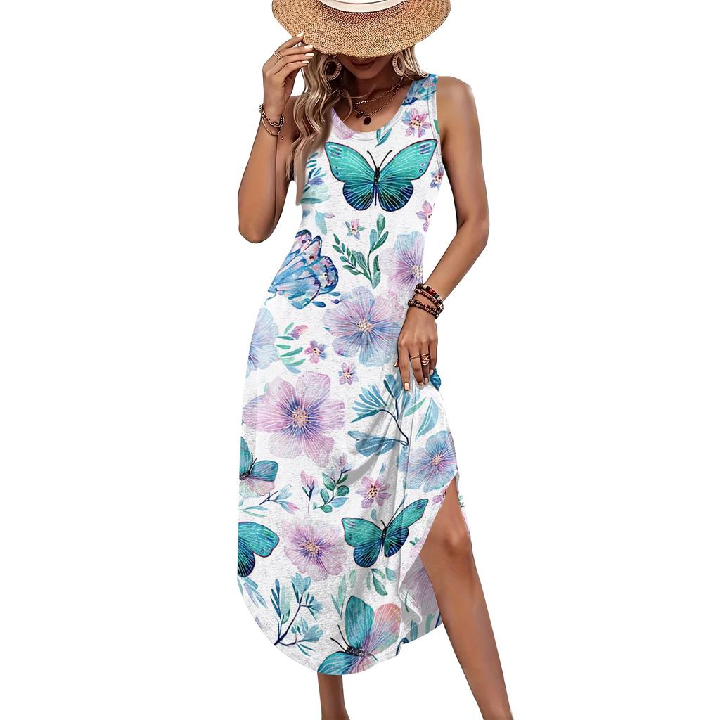Rochie lungă casual pentru femei, croială largă, fără mâneci, cu imprimeu floral, fantă laterală, rochie de vară pentru plajă, ușoară, confortabilă, rochie de soare