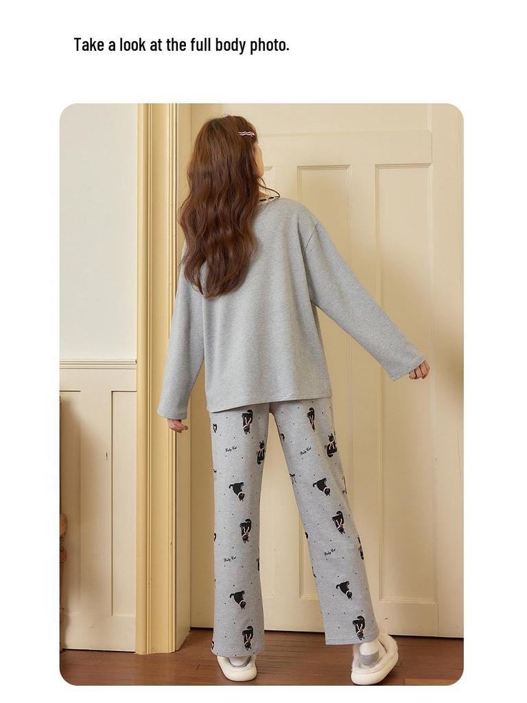 Women's Cute Cartoon Cotton Pajama Set with Chest Pad – Long Sleeve & Pants for Spring/Autumn