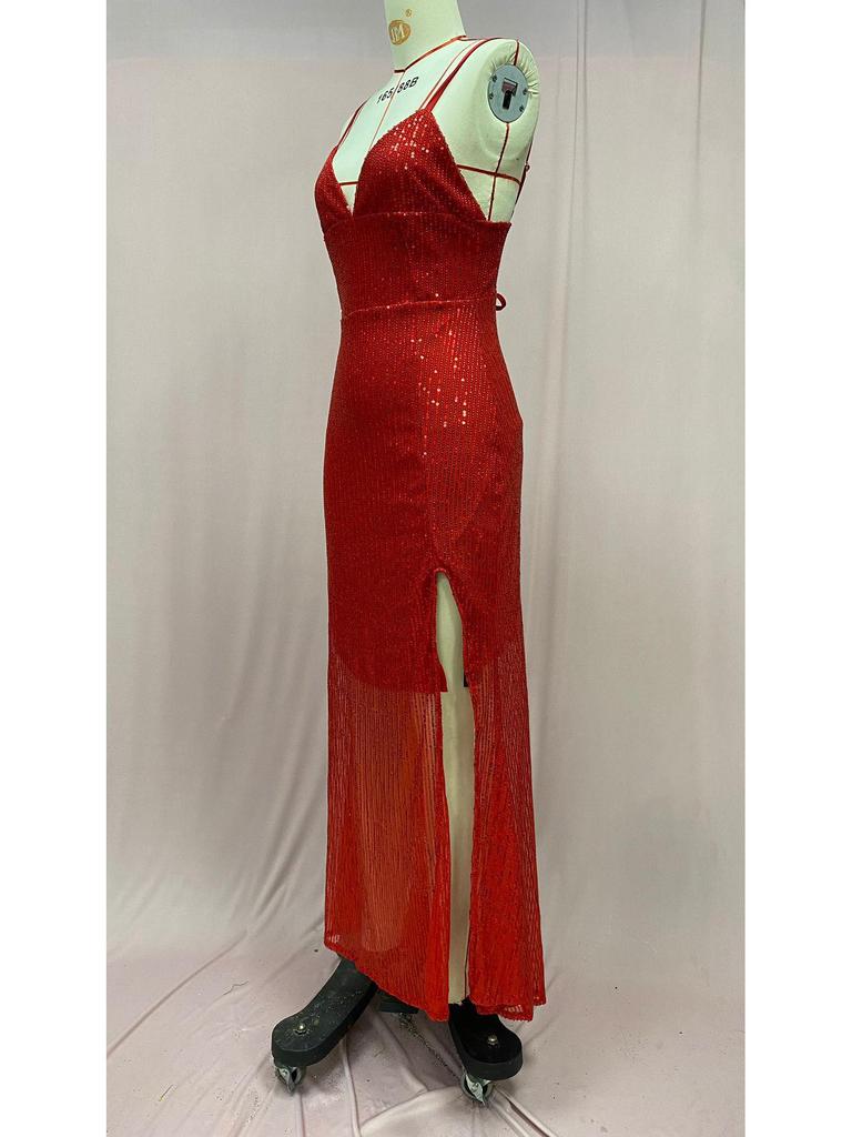 2025 European & American Women's Sexy Sequined Backless Dress with Slit