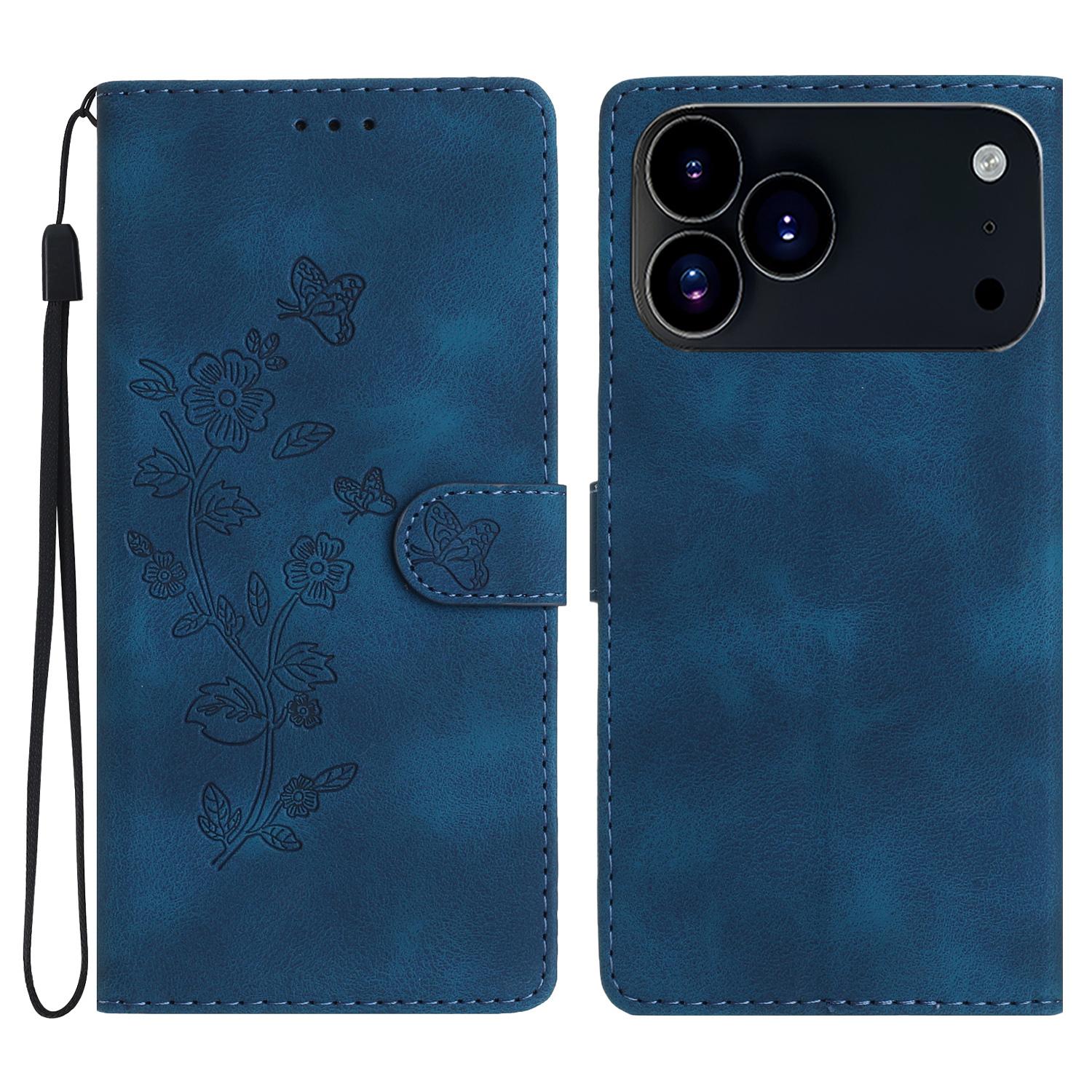 

For iPhone 17 Pro Case Leather Imprinted Flower Phone Cover Wallet with Wrist Strap Blue