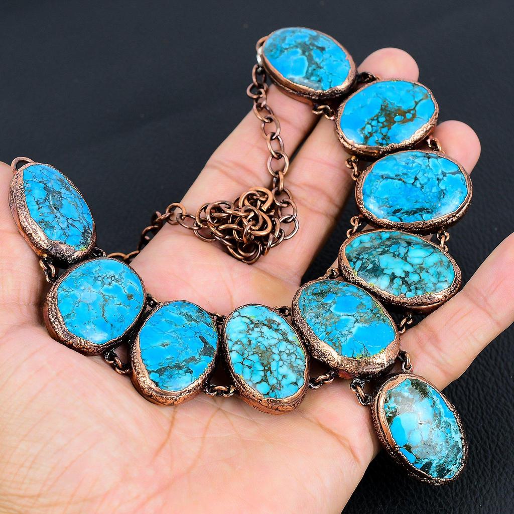 Blue Turquoise Handmade Gemstone Necklace, Copper Electroformed Antique Jewelry Adjustable Chain Necklace, For Engagement Gift