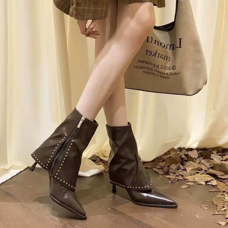 Fashion Fashion Shoes for Women Side Zipper Women's Boots Winter Pointed Toe Solid Short Barrel Stilettos or Thin Heels Boots