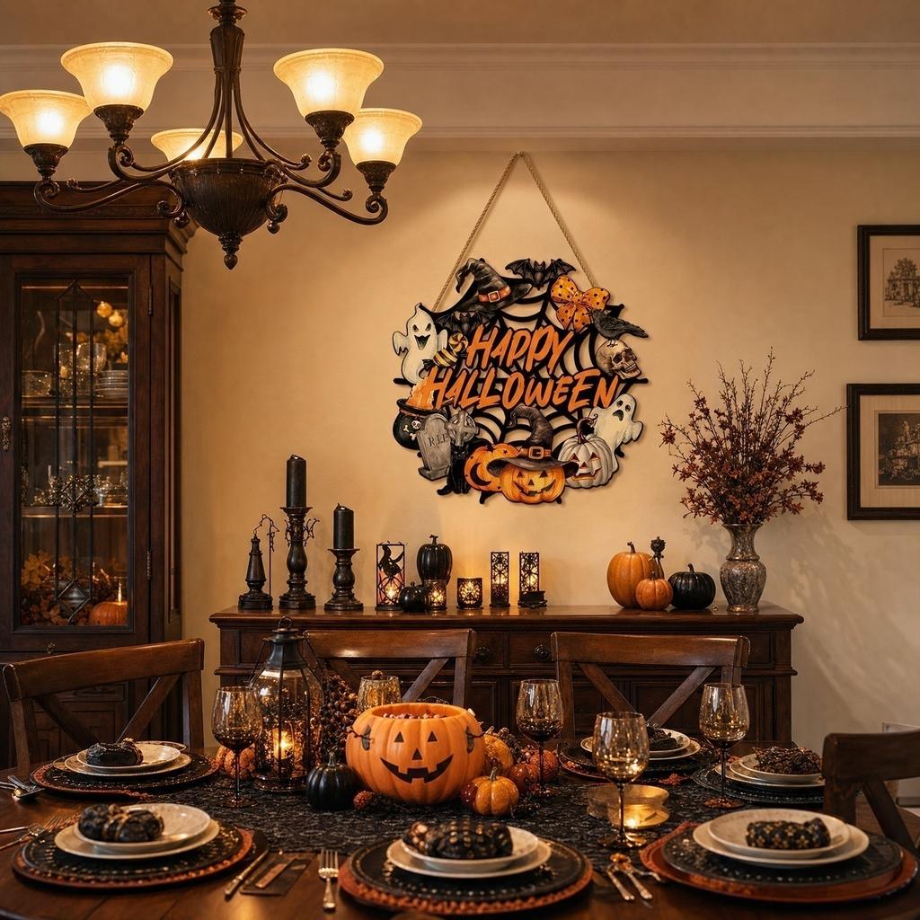 Halloween Wooden Hanging Sign Wall Decor Party Decoration with Spider Web Pumpkin Ghost Skull and Witch Hat Design for Holiday Celebration