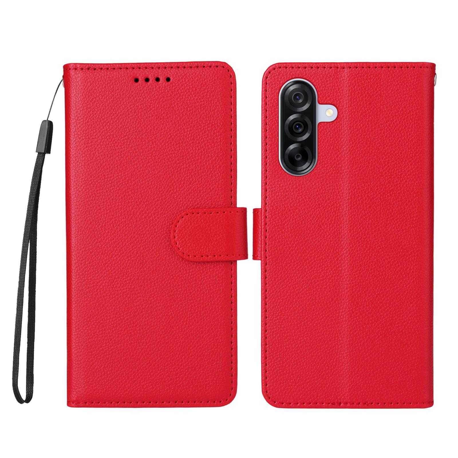 

For Samsung Galaxy A36 5G Case RFID Blocking 3 Card Slots PU Leather Phone Cover with Wrist Strap Red